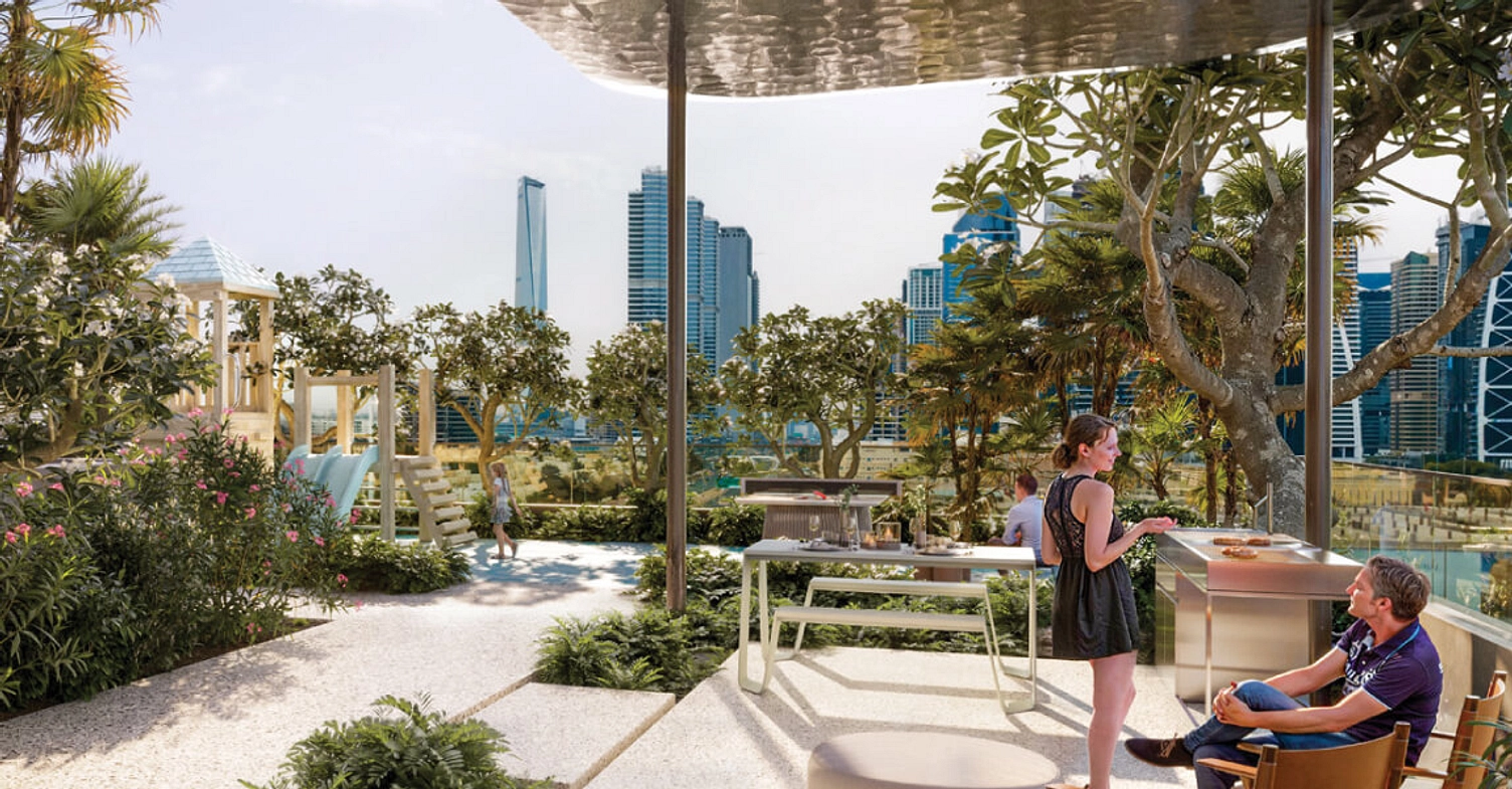 Community park with jogging tracks  and leisure areas in JLT Dubai